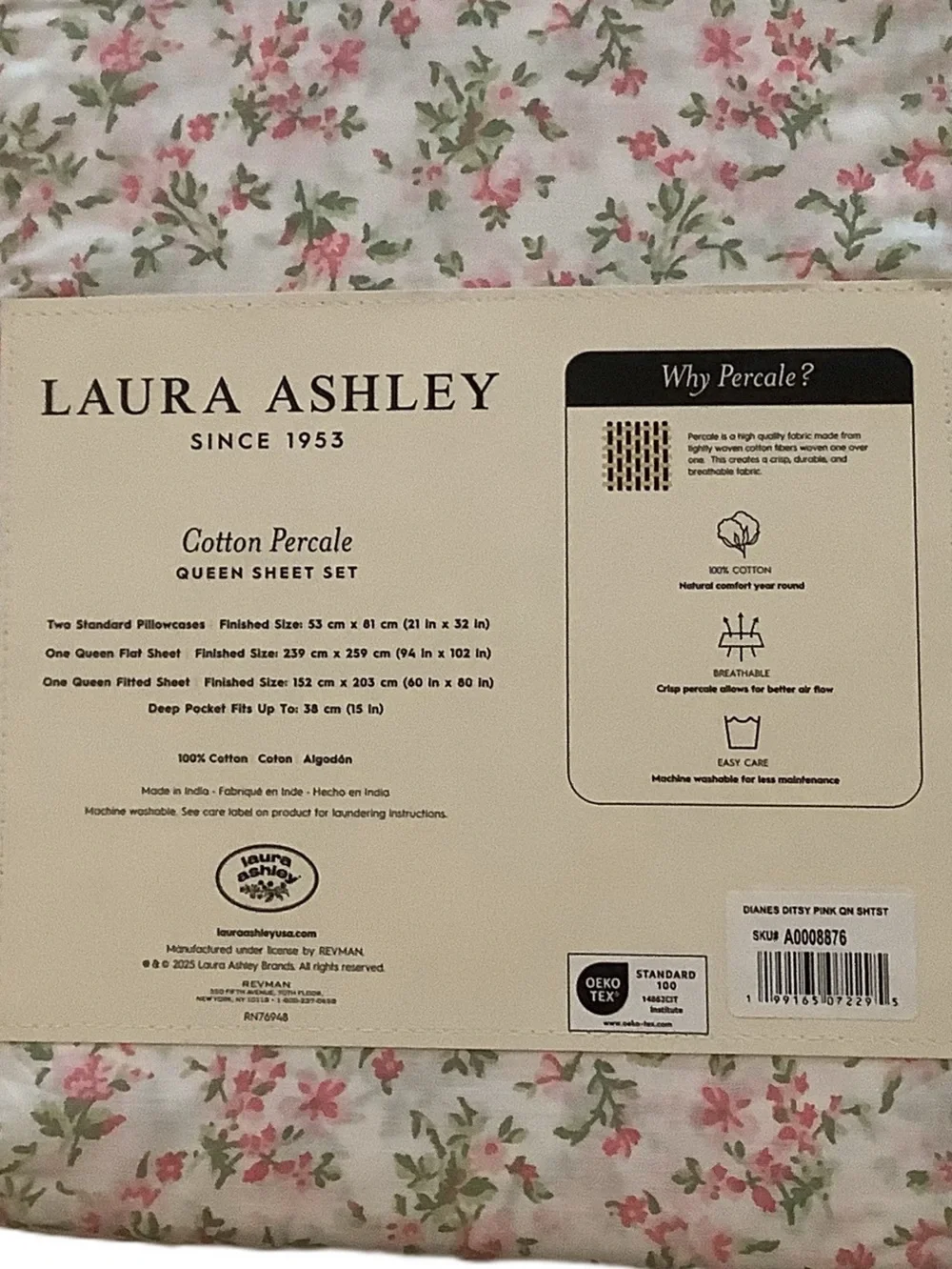 Laura Ashley Ditsy Floral Cotton Percale Queen Sheet Set New